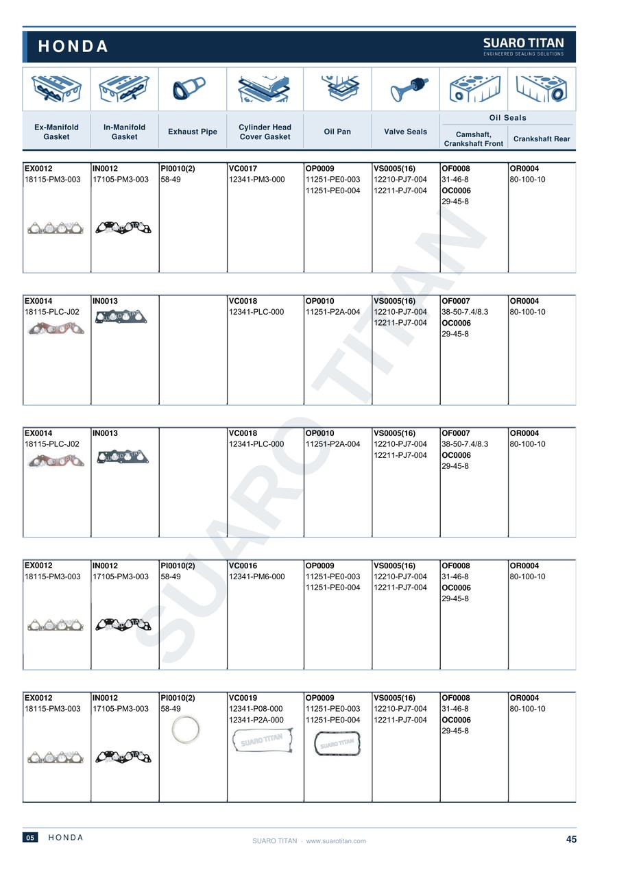Honda — manifold, cover and oil pan gaskets, seals — Catalog page 45 — SUARO TITAN 2026